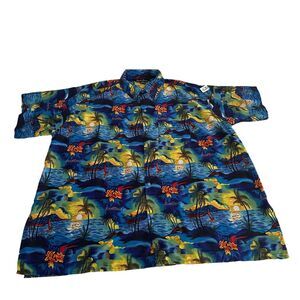 Double Decker Caribbean Tropical Men Button Up Short Sleeve Shirt Blue Size 3XL